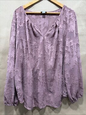 Liz Claiborne mauve Textured Floral V-Neck Long Sleeve Blouse-PRICE FIRM